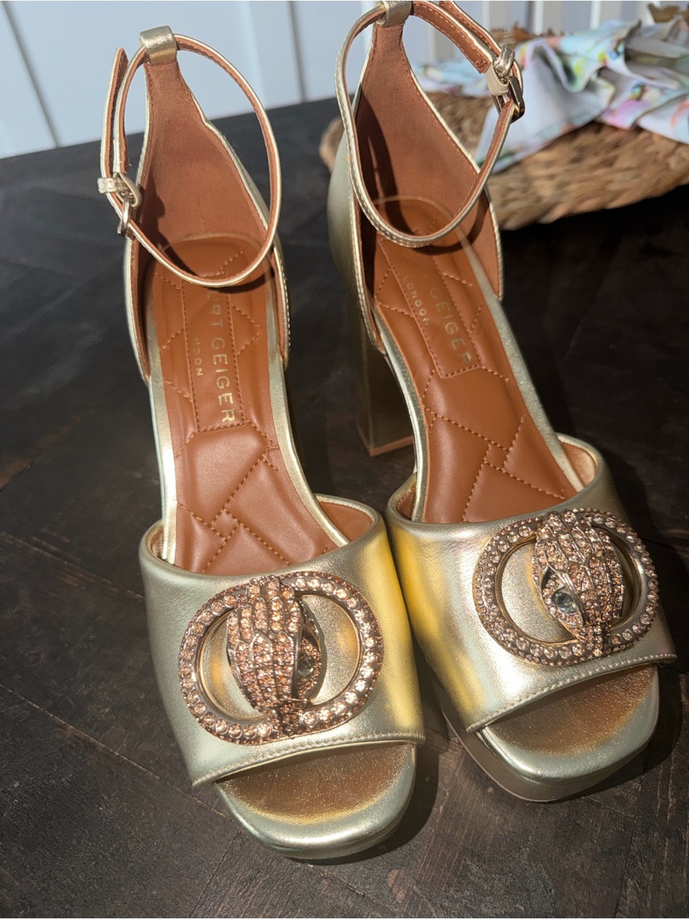 Kurt Geiger Metallic Gold Platform Heels with Crystal Buckle - Picture 5 of 6